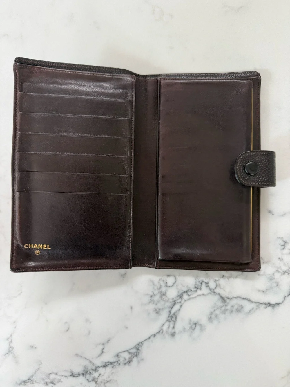 CHANEL Dark Brown Quilted Caviar Leather Wallet with CC Logo